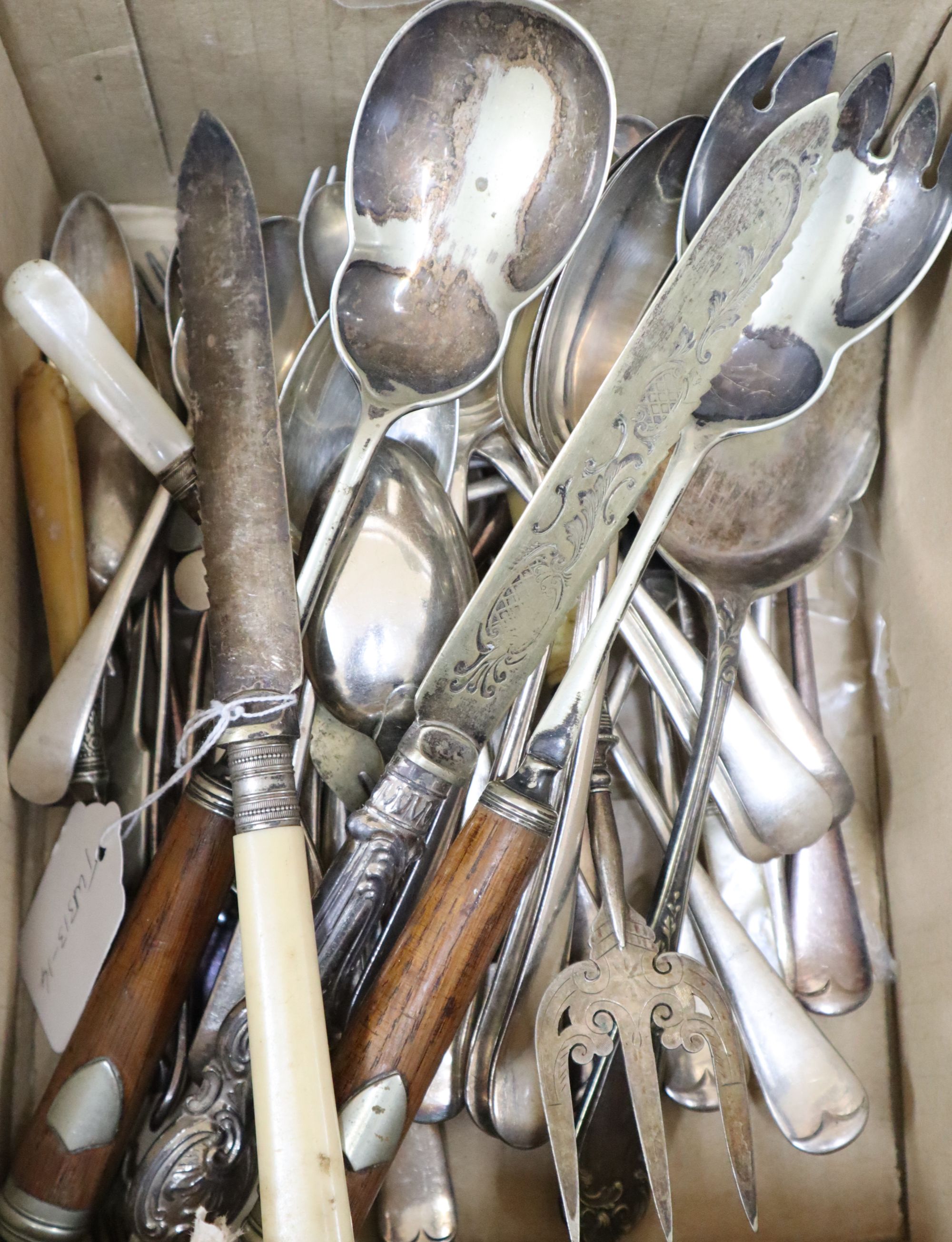 A collection of silver plated flatware, servers etc.
